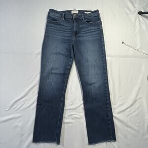 FRAME Le High Straight Jeans Alessandro Blue Stretch Size 30 Inseam 26" Raw Hem